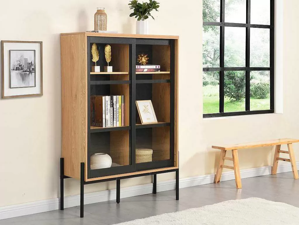 Promoções Sala*Vente-unique Vitrina Com 2 Portas Deslizantes Natural Claro E Preto - Memphis Ii