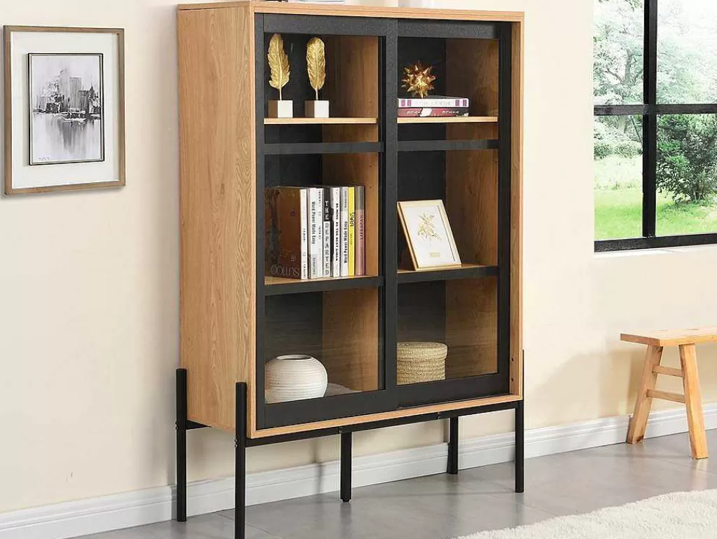 Promoções Sala*Vente-unique Vitrina Com 2 Portas Deslizantes Natural Claro E Preto - Memphis Ii
