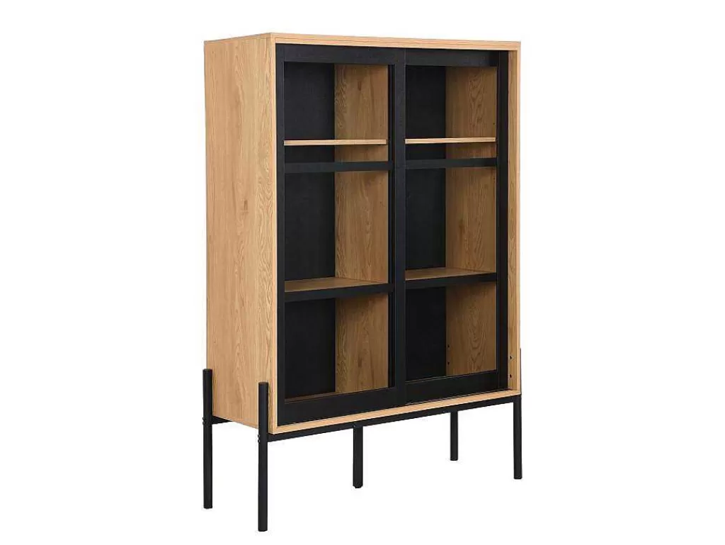 Promoções Sala*Vente-unique Vitrina Com 2 Portas Deslizantes Natural Claro E Preto - Memphis Ii