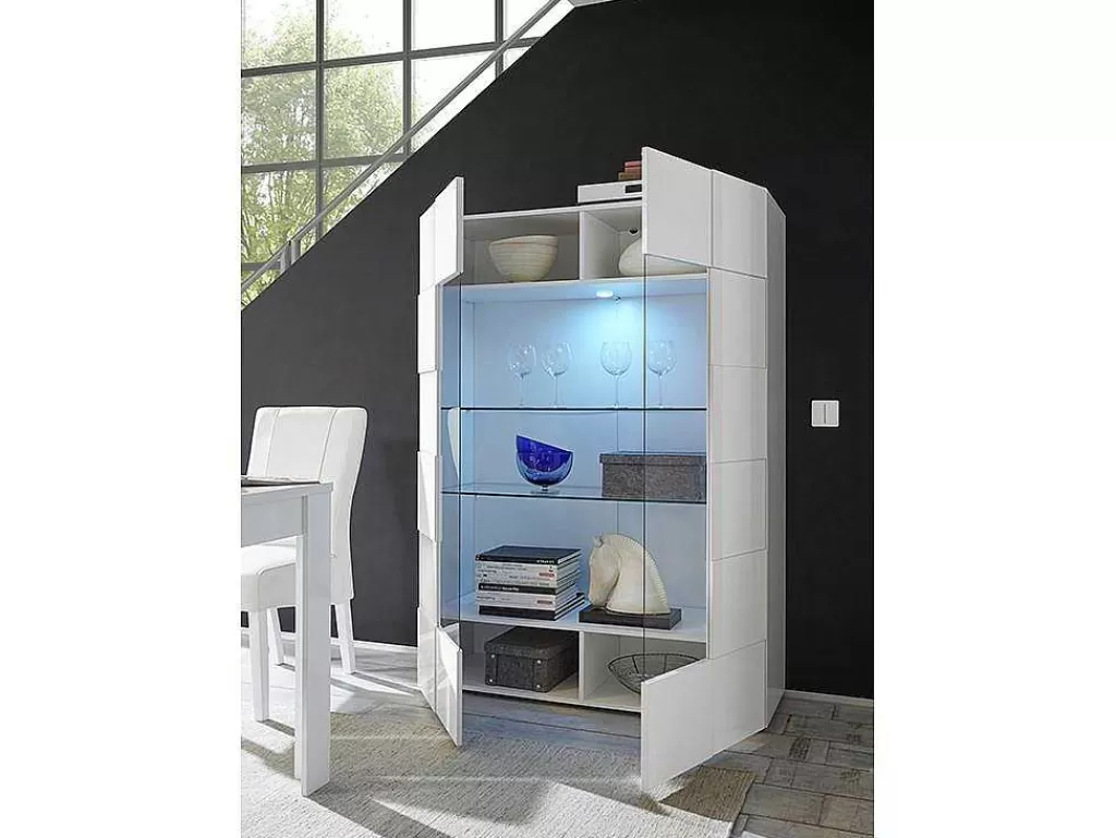Biblioteca, Vitrina, Estante*Vente-unique Vitrina Com Leds E 2 Portas Em Vidro Lacada A Branco - Calisto