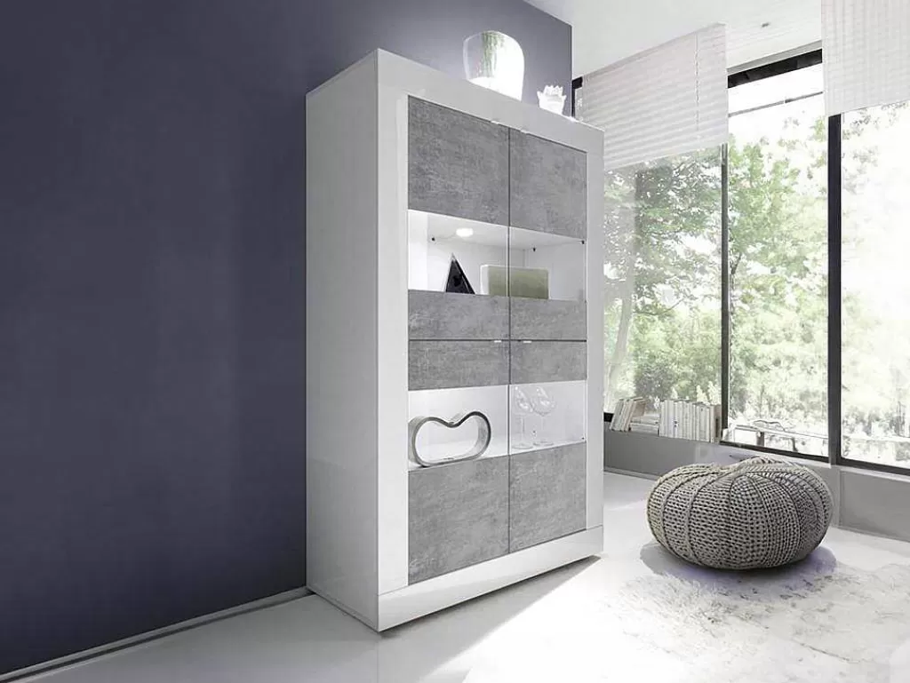 Biblioteca, Vitrina, Estante*Vente-unique Vitrina Com Leds E 4 Portas Disponivel Em Branco Lacado E Cimento - Comete
