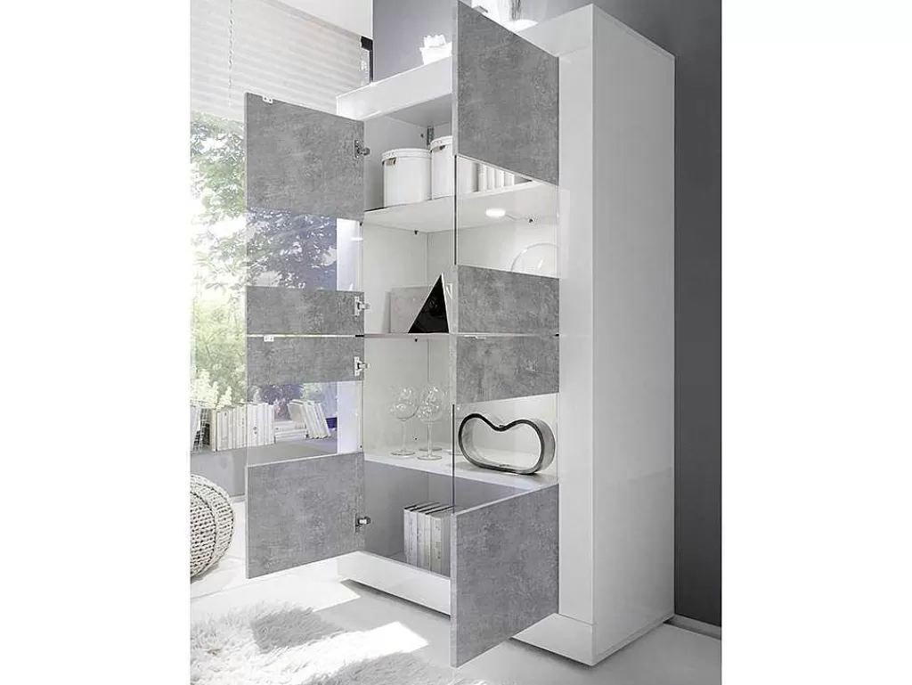 Biblioteca, Vitrina, Estante*Vente-unique Vitrina Com Leds E 4 Portas Disponivel Em Branco Lacado E Cimento - Comete